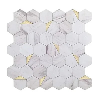 Mosaico Autoadhesivo Mármol Blanco Dorado Hexagonal 28,8×29,2×0,4cm