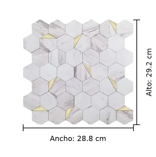 Mosaico Autoadhesivo Mármol Blanco Dorado Hexagonal 28,8×29,2×0,4cm, imagen 2