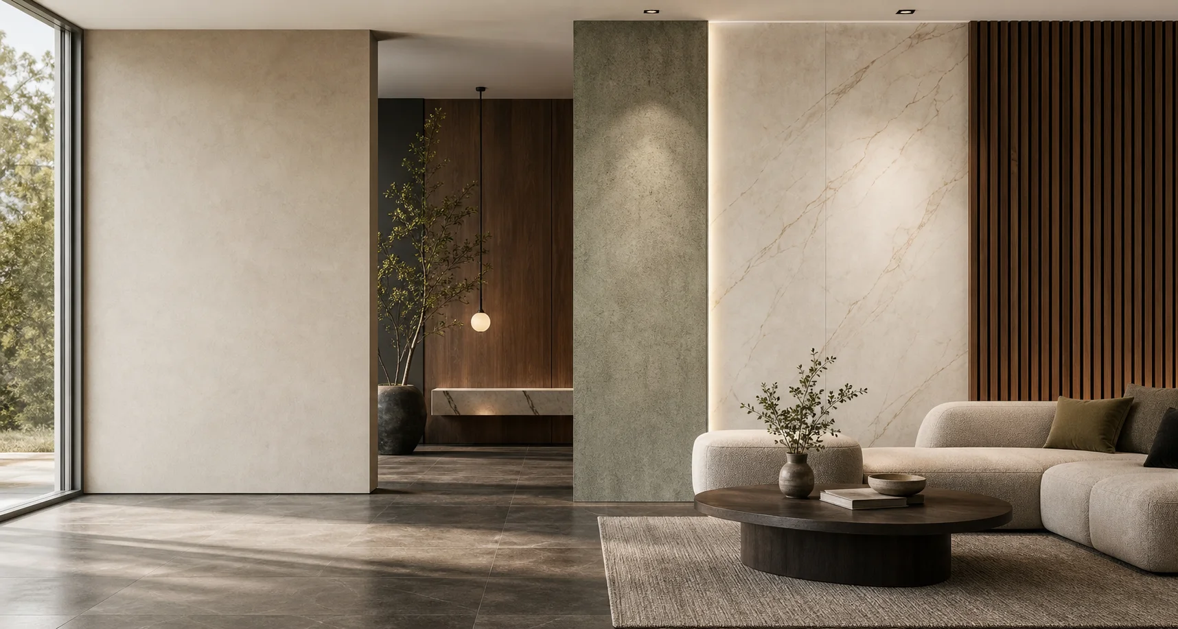Interior conceptual con acabados de piedra, mármol y madera
